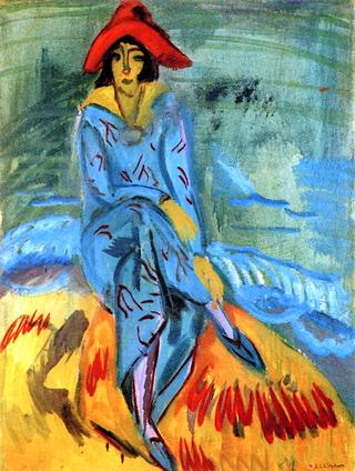 Lady with Red Hat on the Shore
