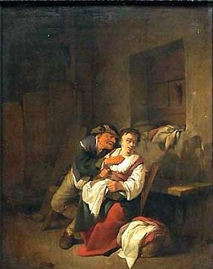 An Elderly Man Caressing a Young Woman in a Rustic Interior