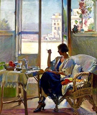 An interior scene with a lady at a breakfast table, near a sunny window