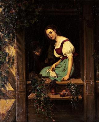 Young Woman Knitting in a Window