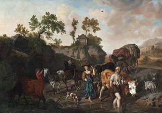 Landscape with an Old Herdsman and Young Market Girl Fording a Stream Followed by Two Horse-and-Cart