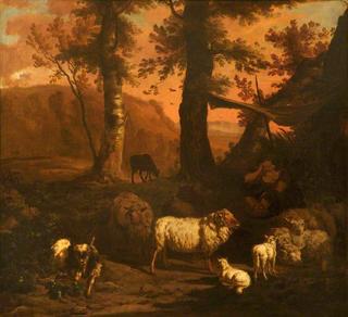 A Landscape with a Shepherd under an Awning Surrounded by Sheep and a Goat