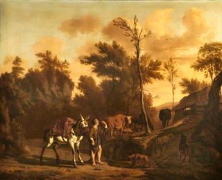 Landscape with a Herdsman Leading a Staling Mule, a Goat, Dog, Cattle and Sheep