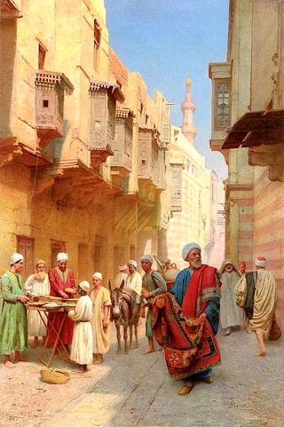 A Cairo Street Scene, with a Khubz Bread Seller, a Rug Merchant and a Water Seller