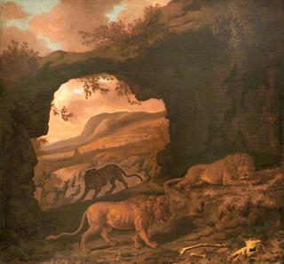 A Pair of Lions with a Leopard in a Cave