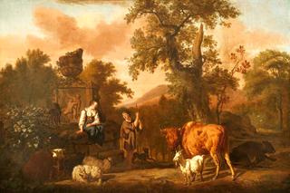 A Landscape with an Antique Tomb with a Ruined Urn, a Herdsboy and Shepherd Girl, Cattle, Sheep, and