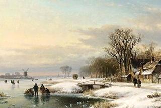 A winter landscape with skaters on the ice