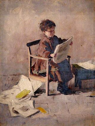 Seated Child Reading a Newspaper