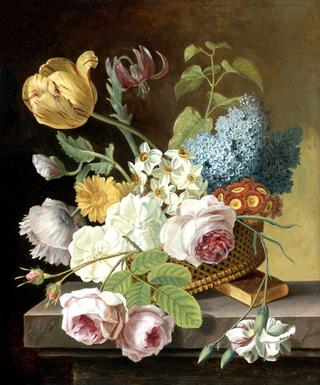 Flower still life with roses, tulips, narcissi, and other flowers in a basket on a ledge