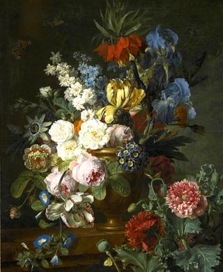 Still life of Fritillaria imperialis, roses, tulips, and other flowers on a marble ledge