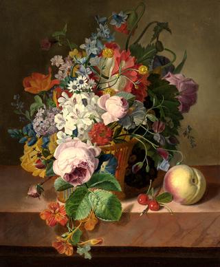 Still Life of Flowers in a Basket with a Peach on a Ledge