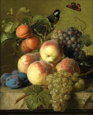 Still Life Of Peaches Grapes And Plums On A Stone Ledge With A Bird And Butterfly