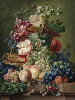 Still life of flowers and fruit on a stone ledge