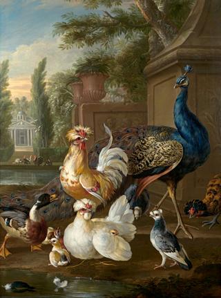 A Peacock, a Polish Cockerel and Hens, a Pigeon and a Mallard in the Gardens of an Italianate Villa