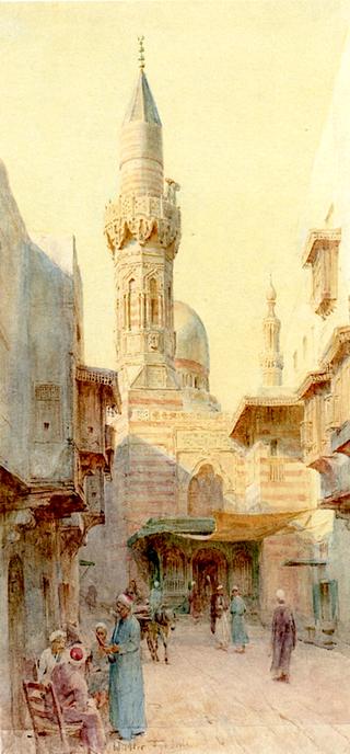 A Bustling Street in Cairo with a Minaret beyond