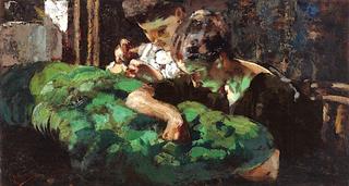 A Woman and Child Sewing