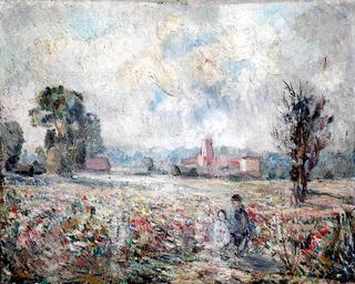 Two Children in a Field of Flowers, with a Village in the Distance