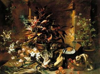 Still life with potted plants and roses, dog, a basket of apples, fennel, and semi-plucked rooster