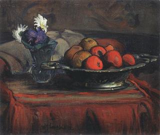 Still life with silver plate and fruits