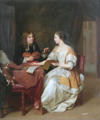 An elegant couple making music in an interior