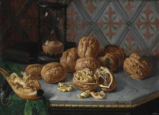 Still life with walnuts, hourglasses on a gray marble ledge