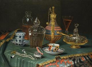 Still Life with Crystal and Porcelain cups and a Clock