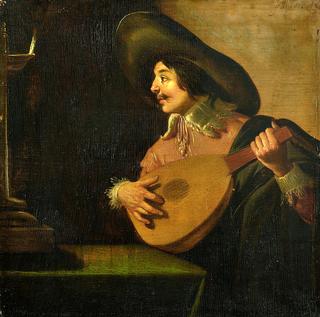 Man with Lute Sitting at a Table with an Oil Lamp