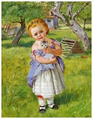 Girl and kitten in an orchard