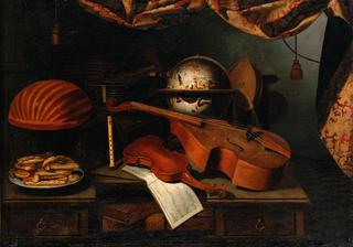 Still Life with Musical Instruments, a Globe and Plate of Pastries