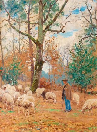 Shepherd with Sheep in Autumn Landscape