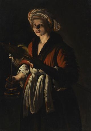 A Young Woman Holding a Distaff before a Lit Candle