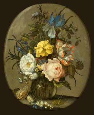 Flowers in a Glass Vase with Shells and Insect