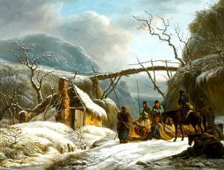 Winter Landscape with Resting Lancers by a Bridge