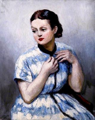 Lady in a Blue and White Dress