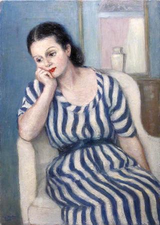 Seated Lady in a Blue and White Striped Dress