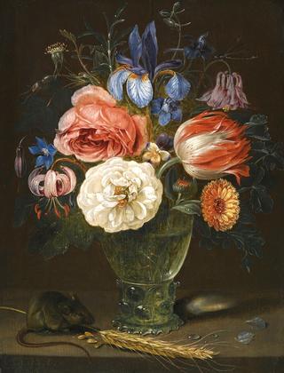 A still life of flowers in a roemer with a field mouse and an ear of wheat