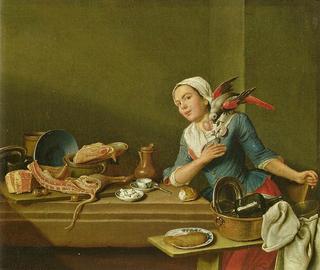 Kitchen Still-life with a Woman and Parrot