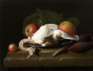 Still life with plucked chicken, apples and turnips