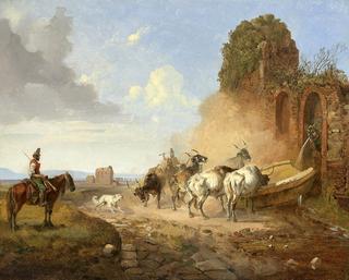 Cattle Watering at a Fountain on the Via Appia Antiqua with the Ruins of an Aqueduct in the Background