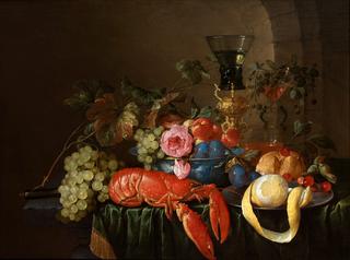 Still Life with a Lobster, a peeled lemon on a pewter plater, a roemer, and fruits on a stone ledge