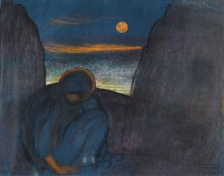 Femme en Méditation dans un paysage symboliste à la pleine lune