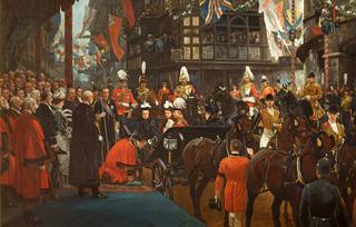 Queen Victoria Knighting Herbert Ashman, Esq., First Lord Mayor of Bristol, at the Council House