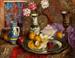 Still life with oranges, apples, vases, goblets and textiles