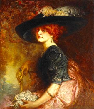 A seated lady wearing a feathered hat