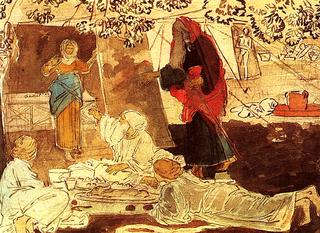 Three pilgrims announce the birth of Isaac to Abraham (sketch)