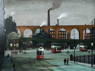 View of Stockport viaduct with trams in the foreground