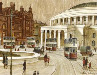 Manchester Library, with figures, trams and other vehicles