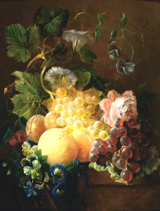 Still life with fruit and flowers on a plinth