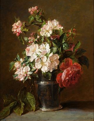 A still life of roses and apple blossom