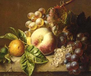 A peach, medlar, grapes and white currants on a ledge